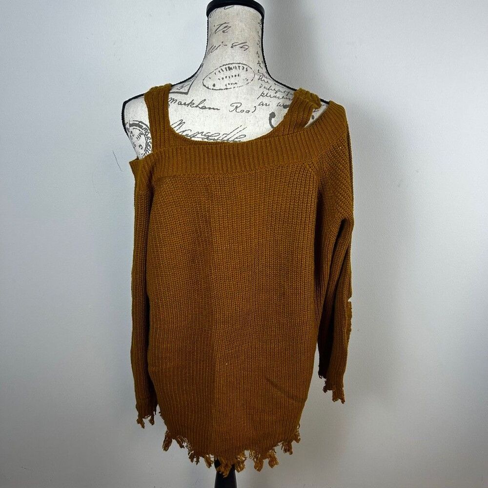 Full Circle Trends Mustard Yellow Distressed Cold Shoulder Sweater Womens 2X - Picture 5 of 10